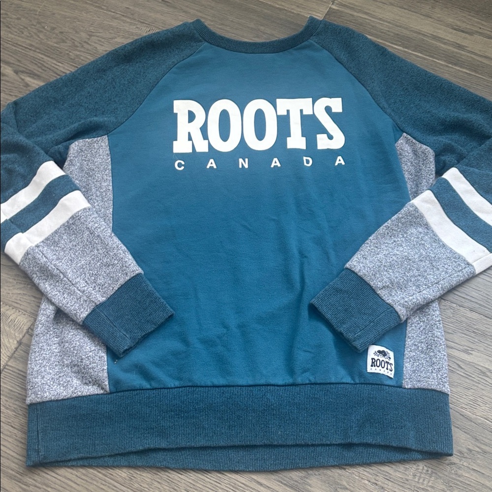 Roots | Blue Grey and White Colour Block Long Sleeve Sweater Size Large - Picture 2 of 11